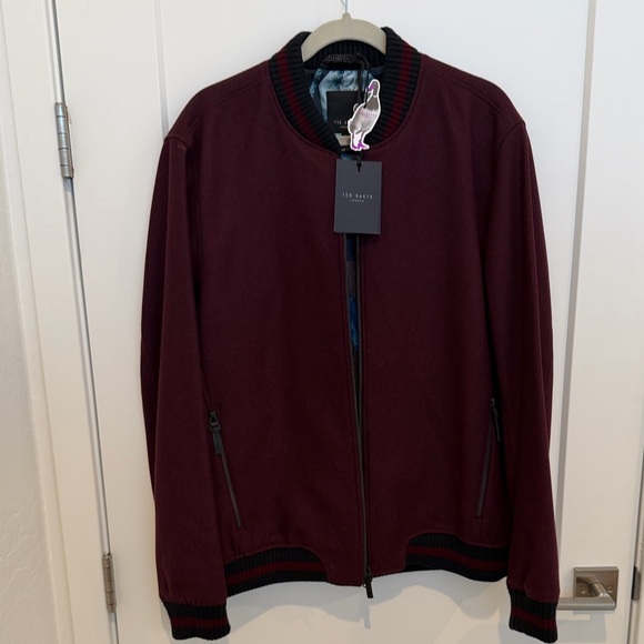 NWT Ted Baker Men’s Italian Wool Burgundy Navy Bomber Jacket Ted Size 6 US XXL